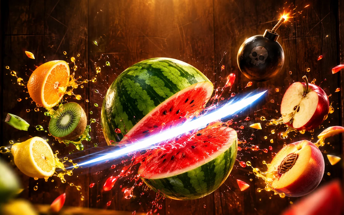 Sliced watermelon, orange and apple flying above a wooden table beside a lit bomb