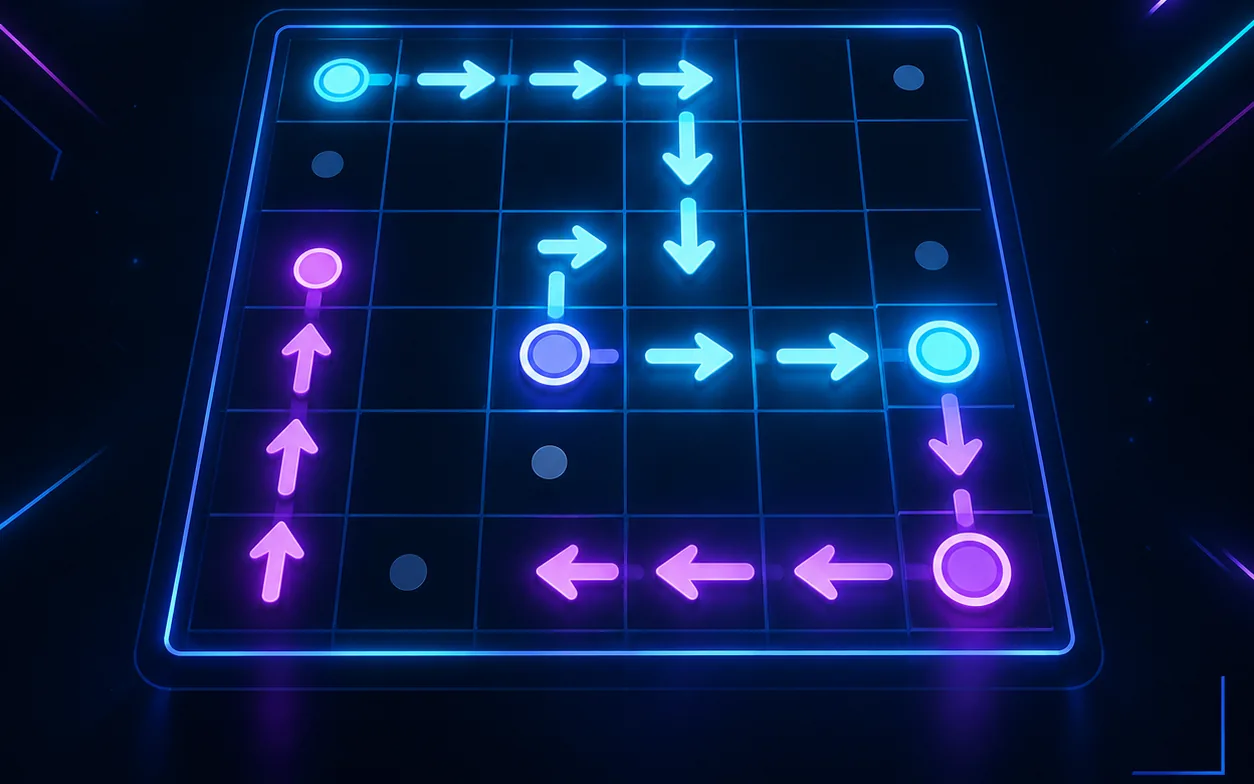 Neon cyan and violet arrows crossing a dark grid puzzle board